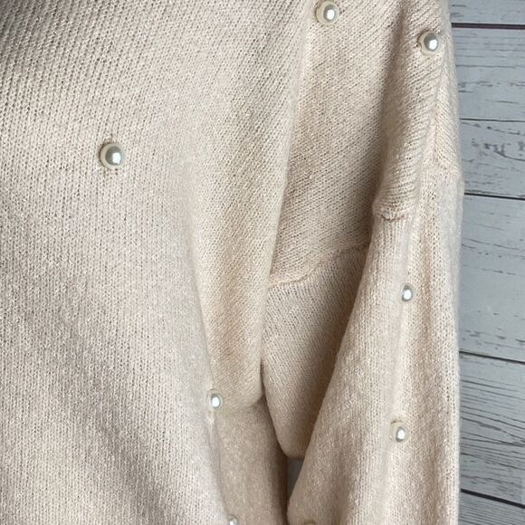 NWT Bongo Cropped Sweater Peachy Pink Faux Pearl Cowl Neck - Picture 6 of 12